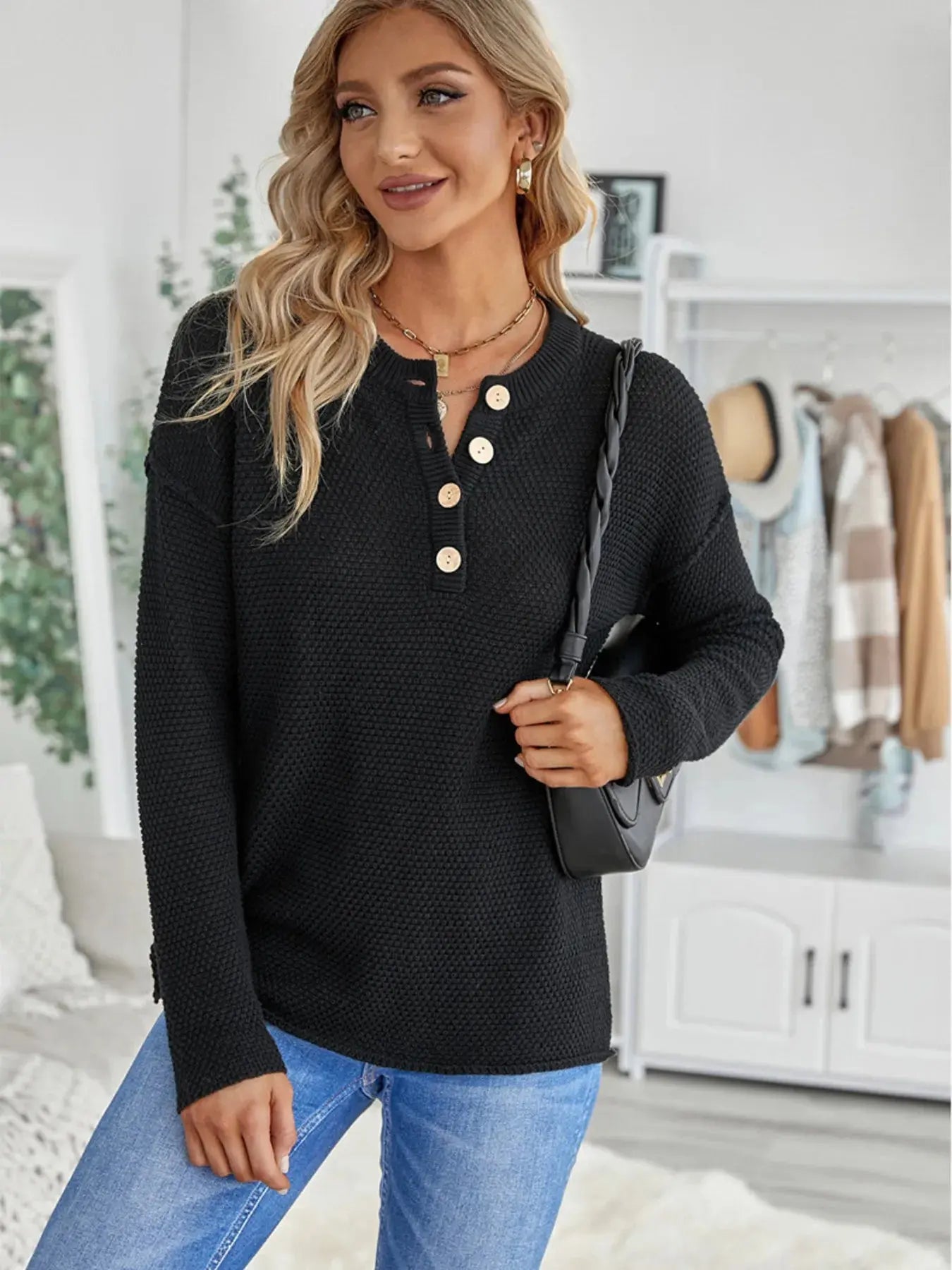 Waffle-Knit Button Detail Long Sleeve Knit Top