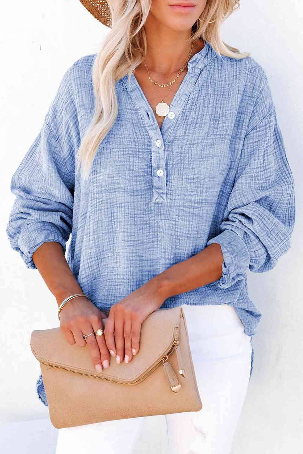 Women's Textured Cotton Buttoned Long Sleeve Blouse
