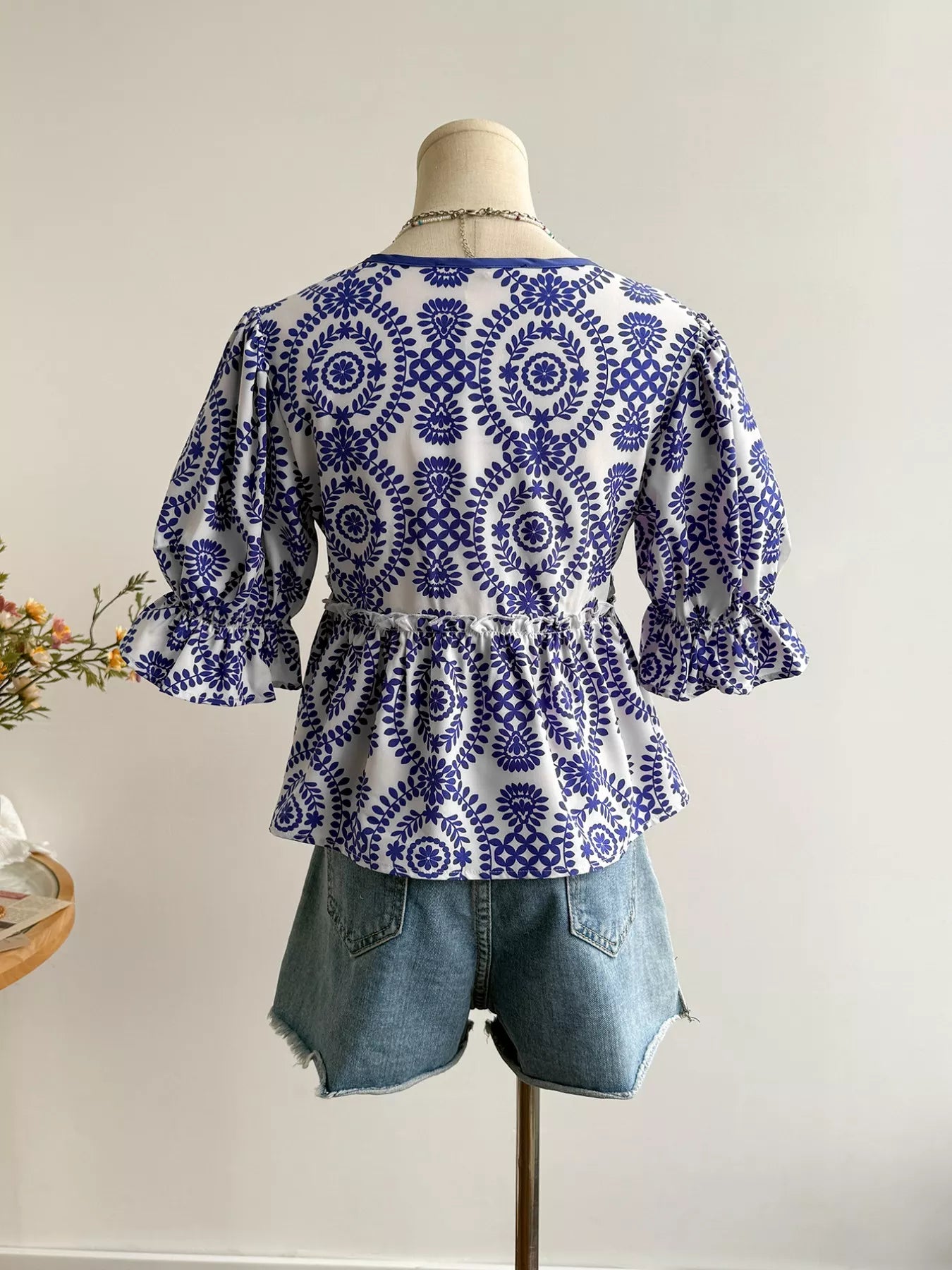 Navy Floral Tie Front Blouse