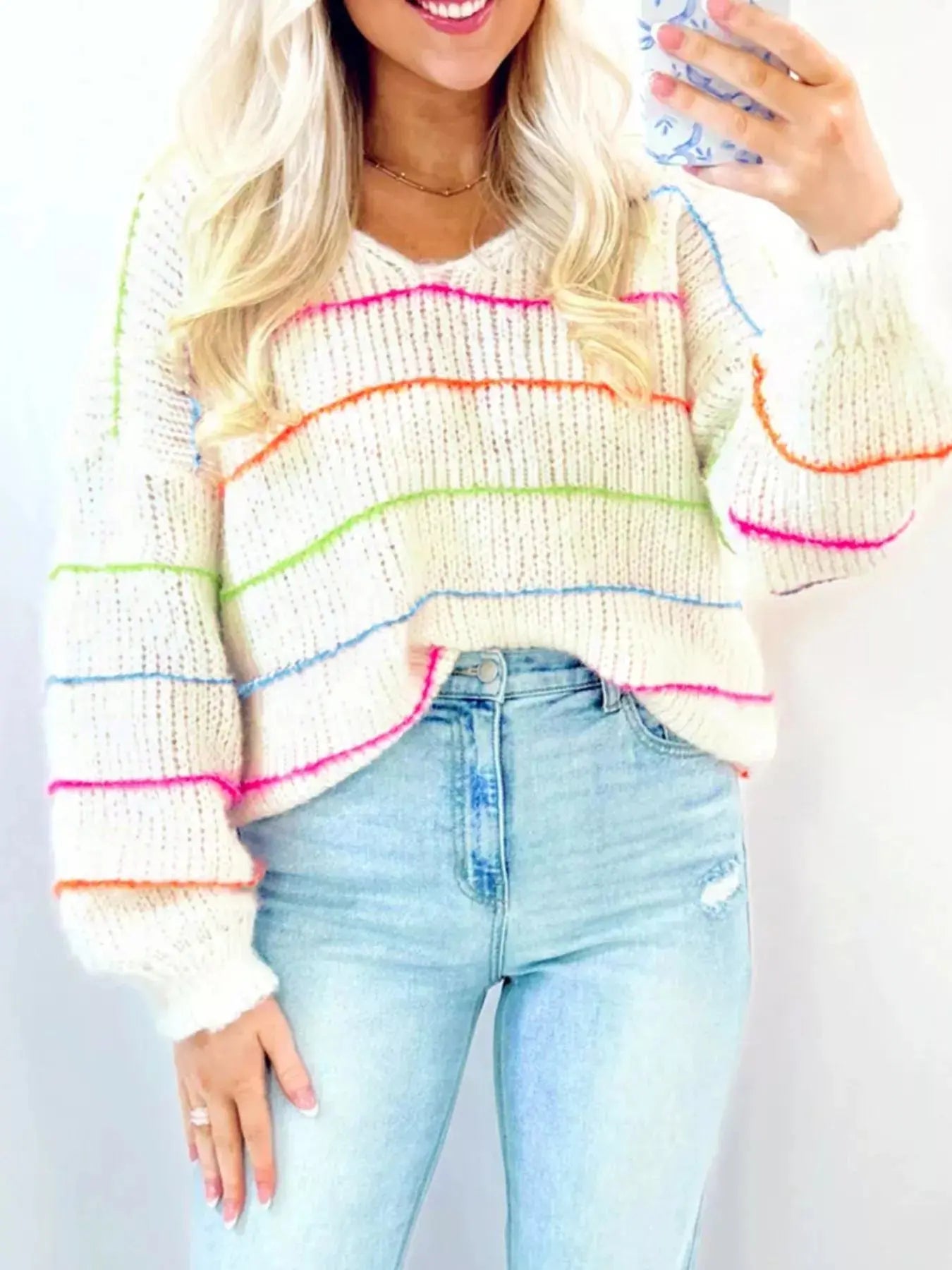 Colorful Striped Detail V-Neck Baggy Drop Shoulder Sweater