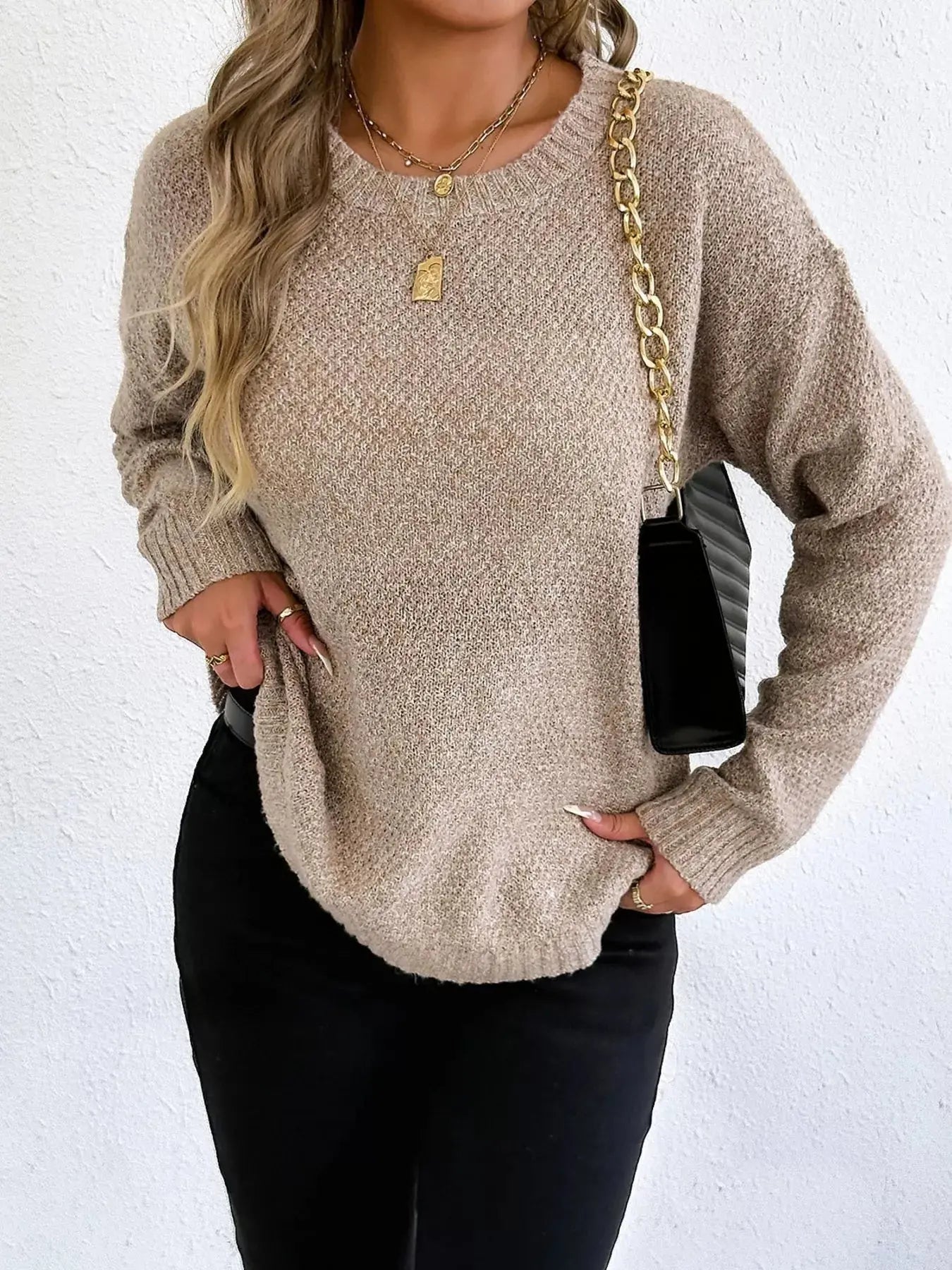 Round Neck Textured Knit Relaxed Fit Sweater