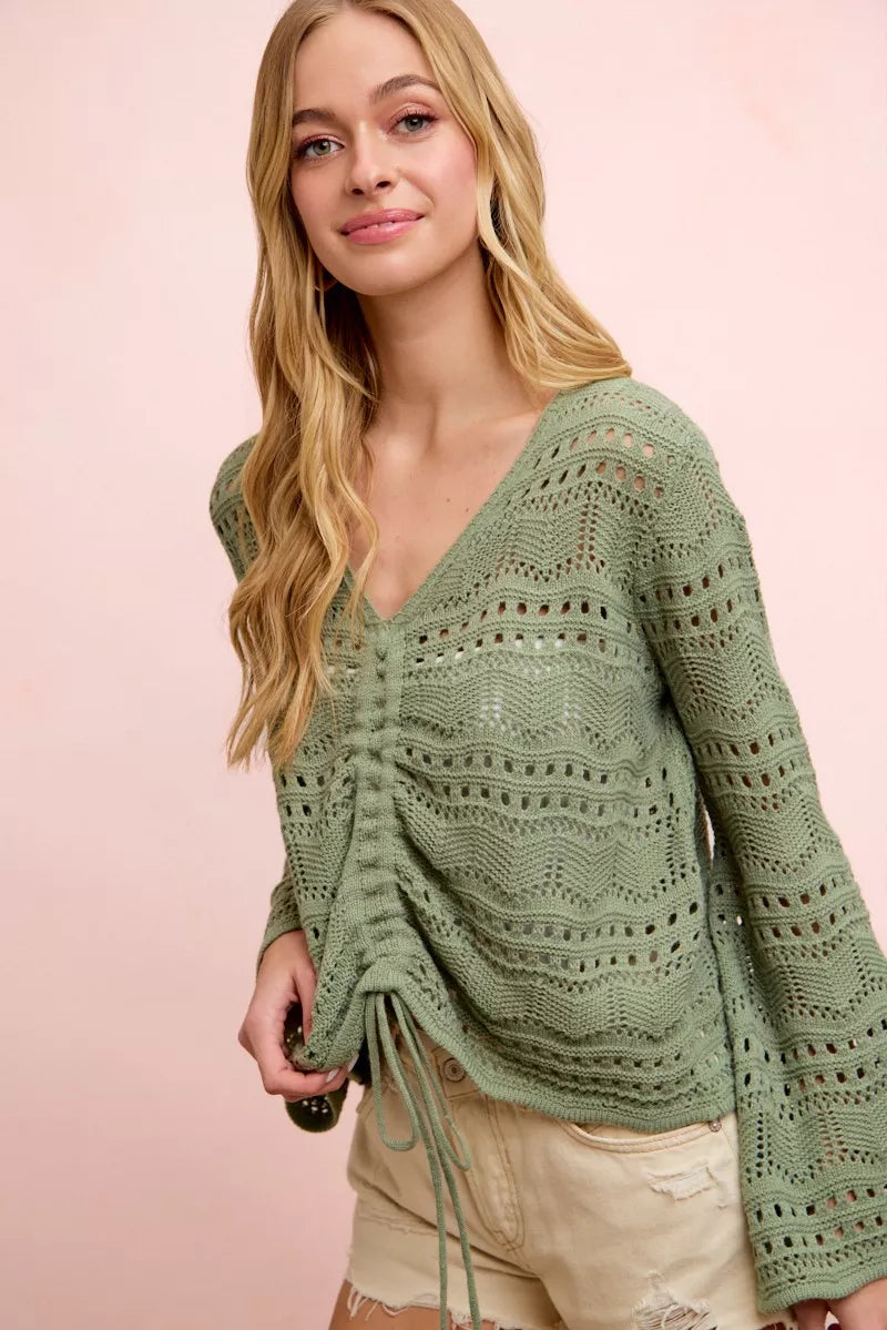 Green Pointelle Knit V Neck Ruched Front Lightweight Top