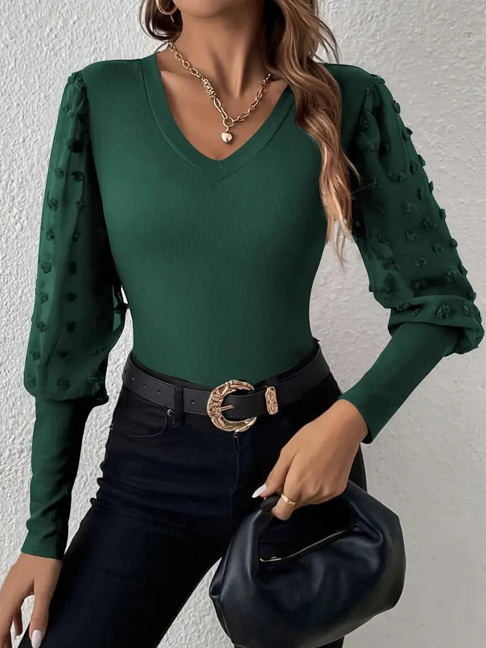 Swiss Dot V Neck Long Sleeve Top