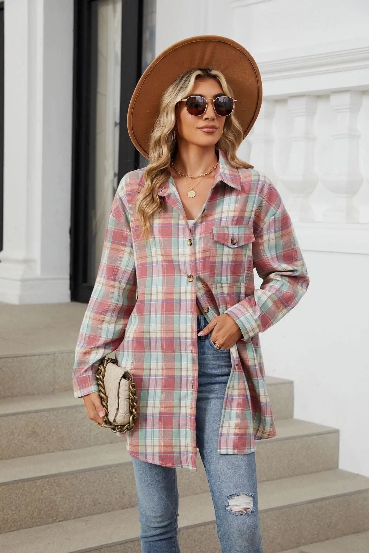 Trendsi Plaid Collared Shirt Long Sleeve — Casual Dusty Pink
