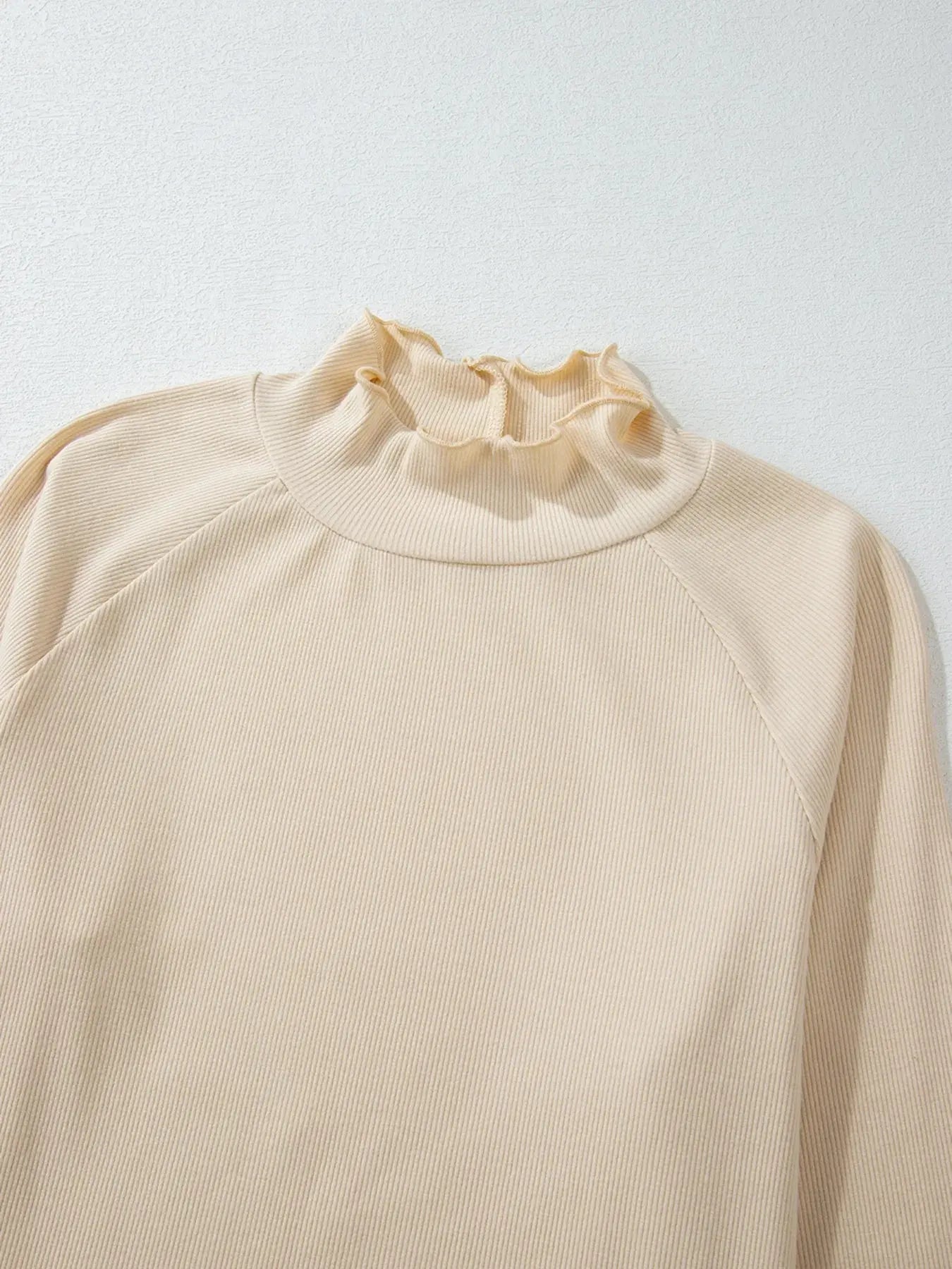 Ribbed Knit Lettuce Trim Long Sleeve Mock Neck Top