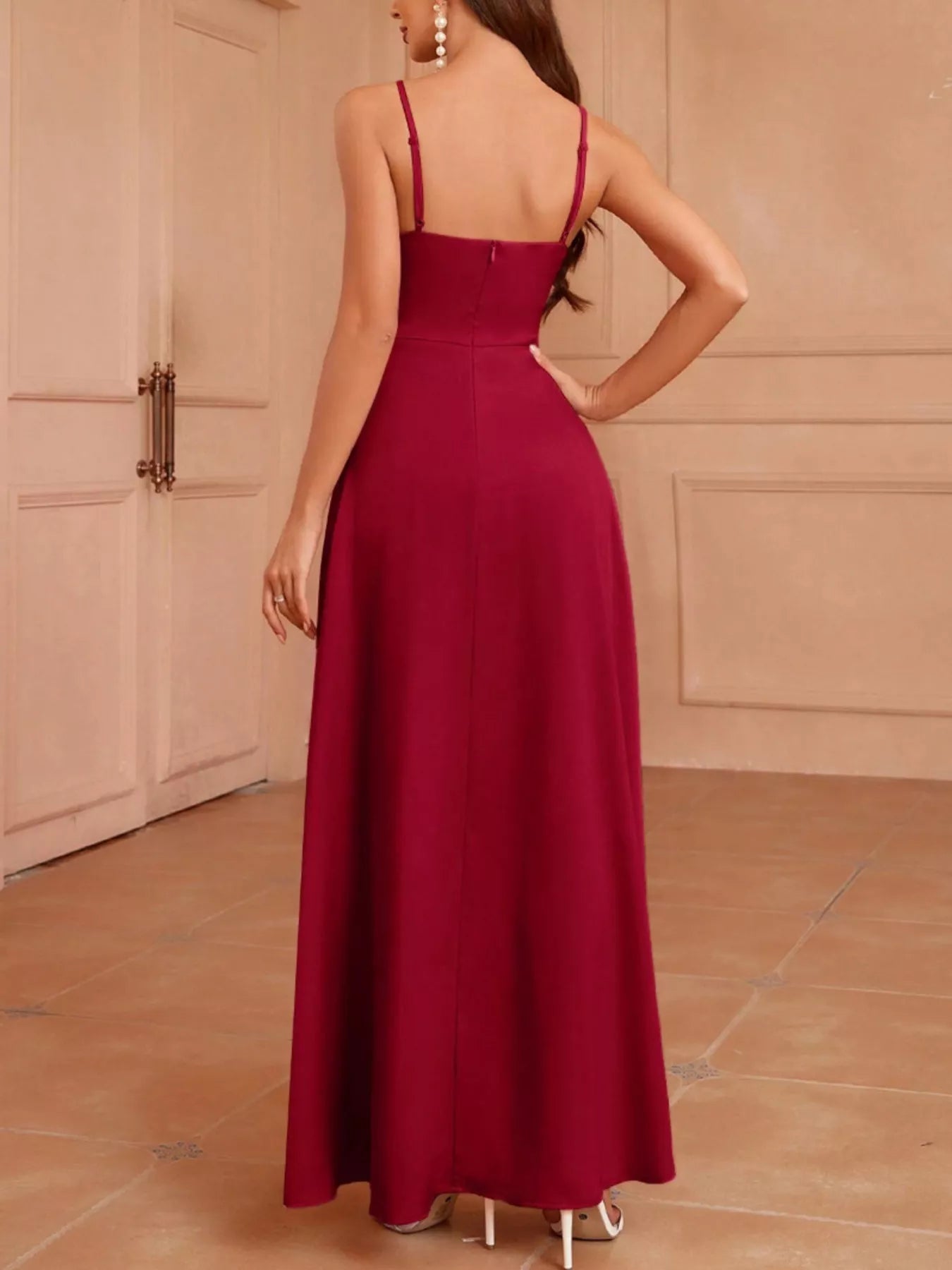 Elegant Wrap Bodice Slit Spaghetti Strap Maxi Dress