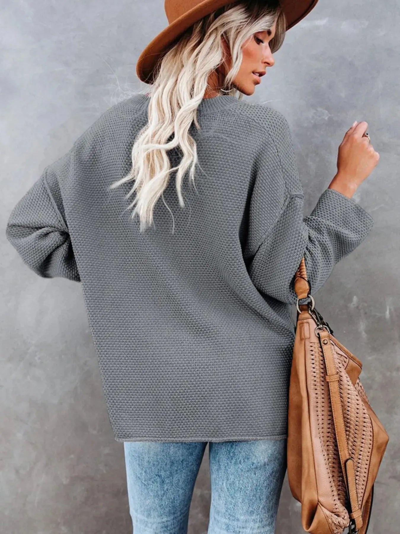 Waffle-Knit Button Detail Long Sleeve Knit Top