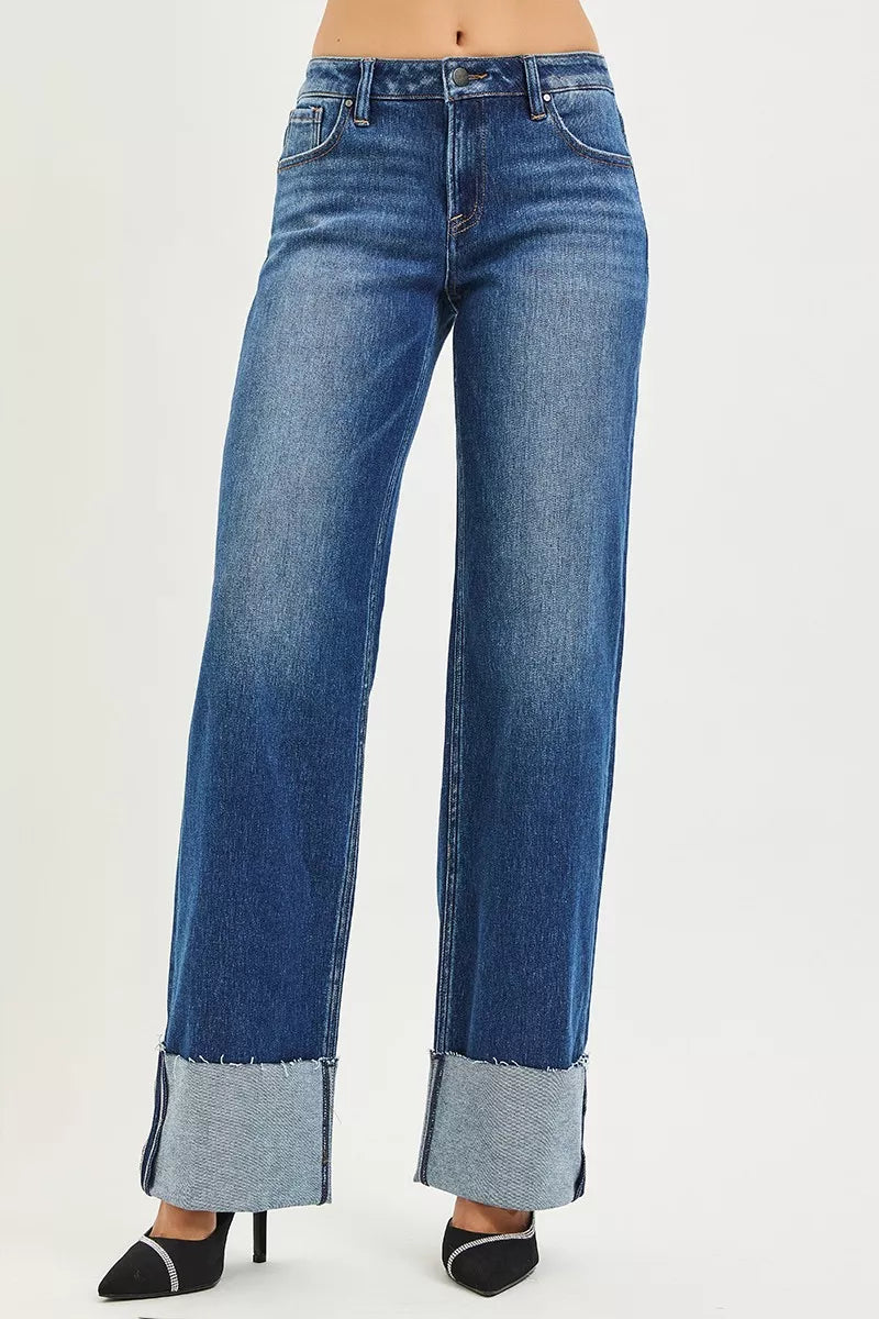 RISEN Jeans - Mid Rise Wide Straight Jeans With Wide Cuff