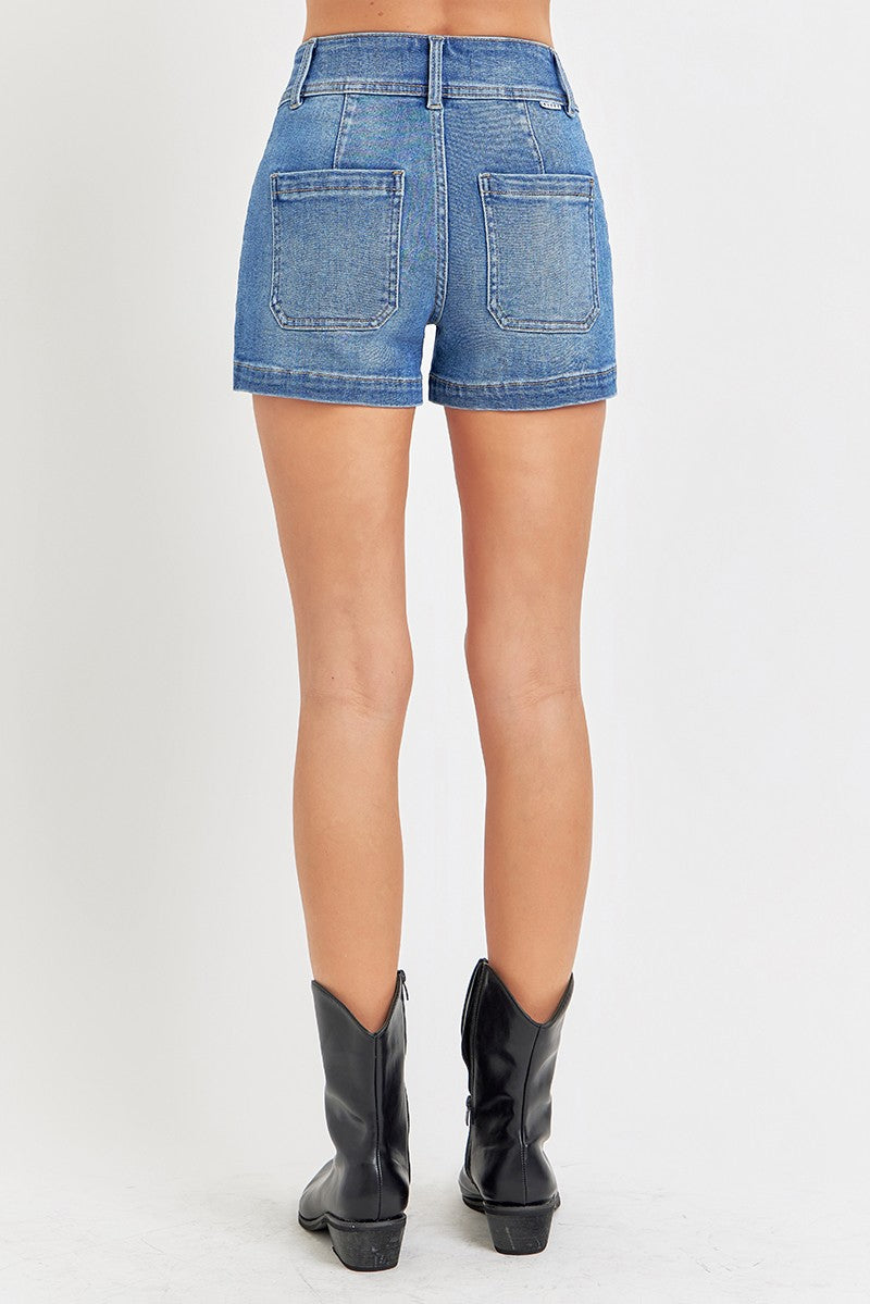 RISEN High Rise Patched Front Pocket Denim Shorts