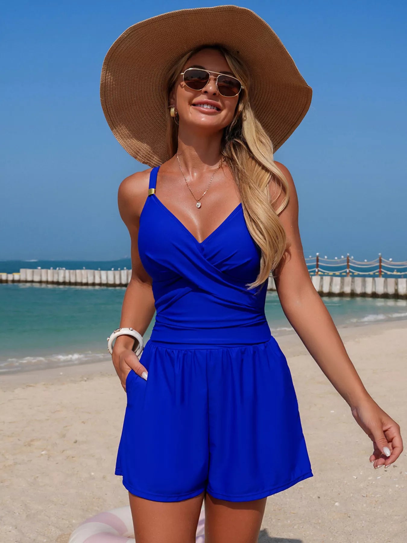V Neck Spaghetti Strap One Piece Swimsuit