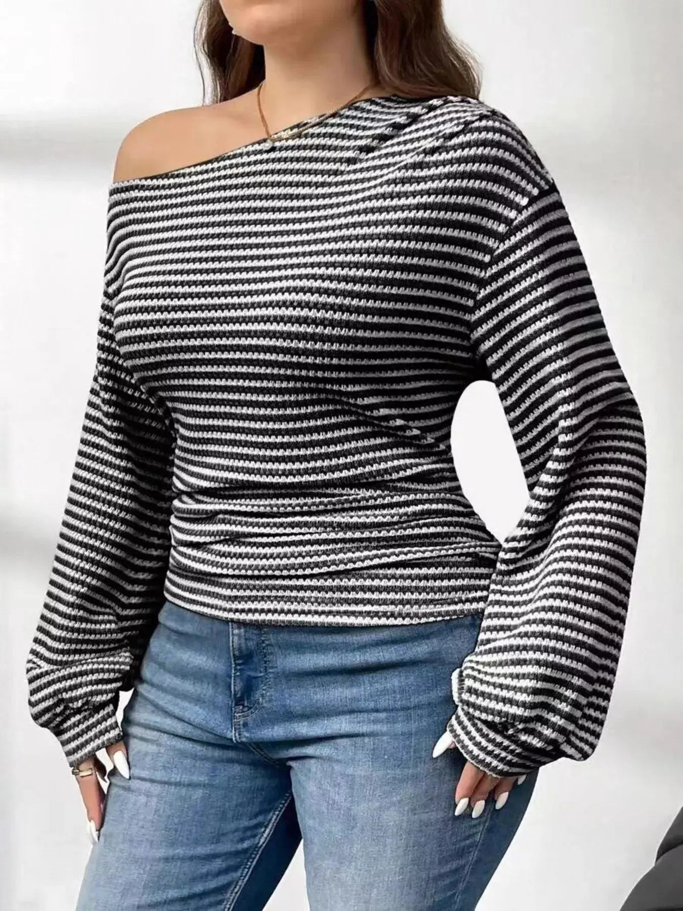 Striped One-Shoulder Plus Size Long Sleeve T Shirt