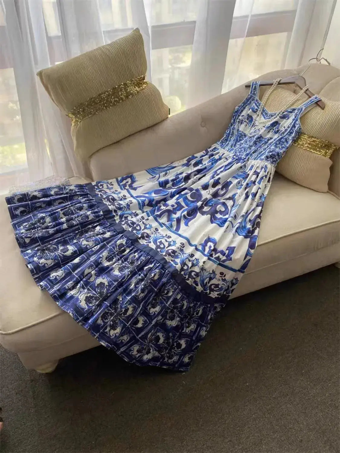 Smocked Blue Tile Print Wide Strap Midi Dress