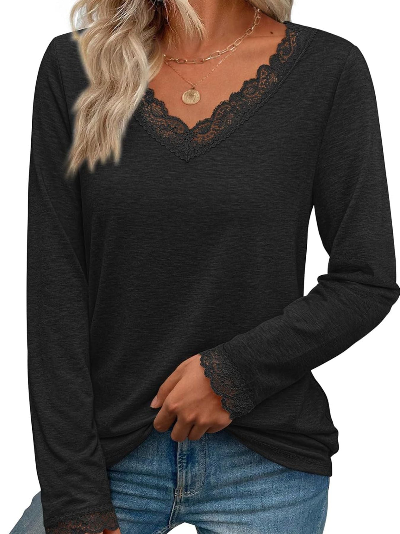 Women's Lace Trim V Neck Long Sleeve Top