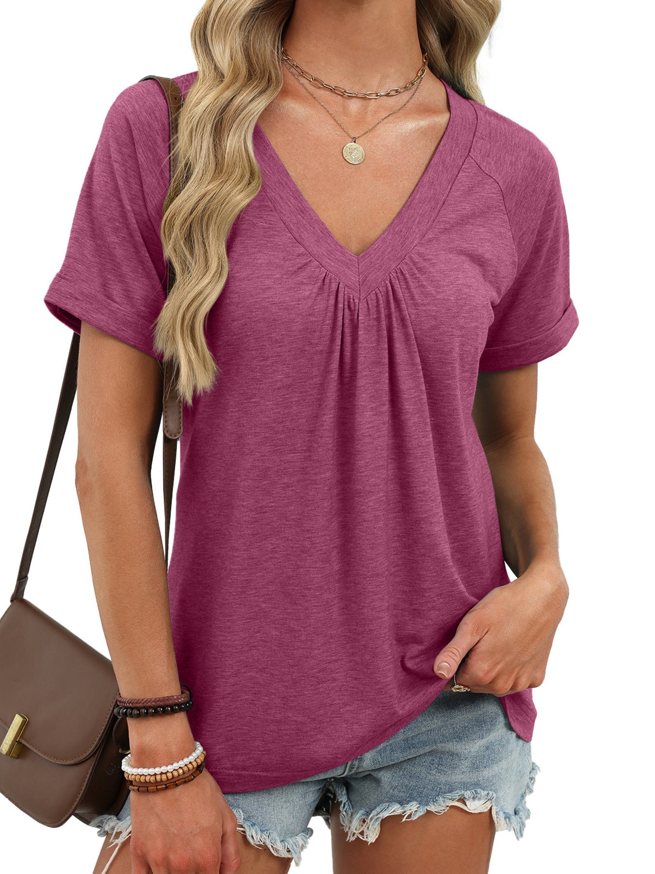 Women's Casual Ruched V Neck Short Sleeve T Shirt