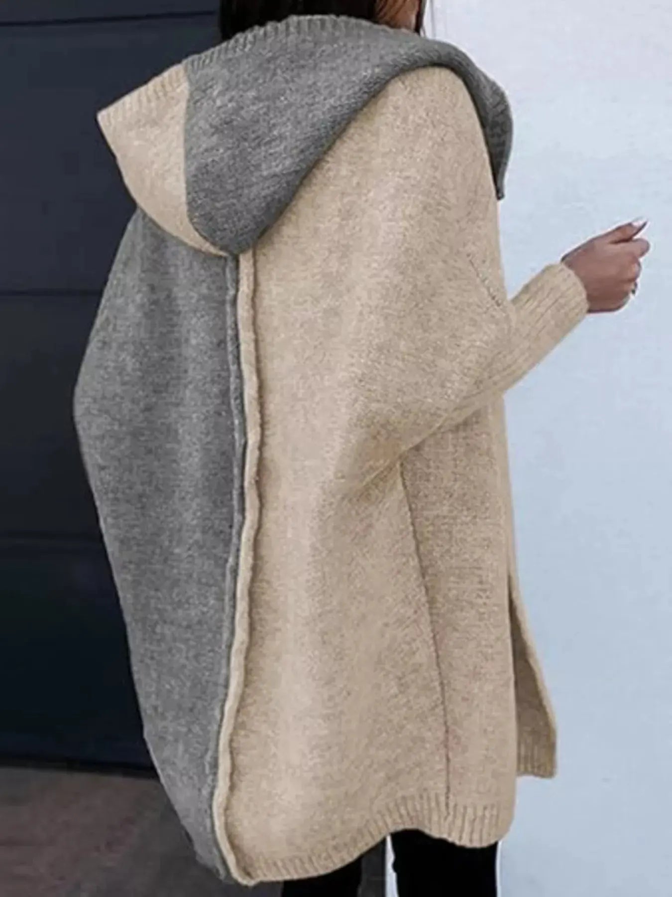Two-Tone Hooded Open Front Knit Cardigan
