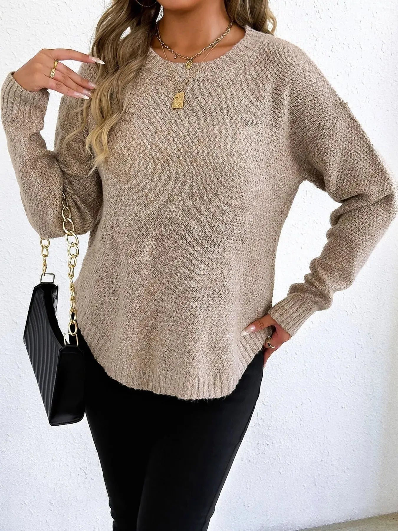 Round Neck Textured Knit Relaxed Fit Sweater