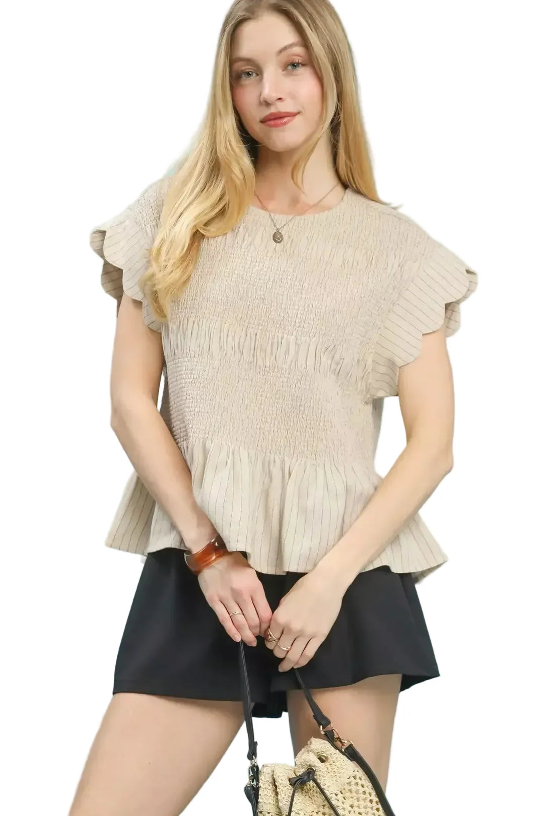 Beige Pinstripe Smocked Peplum Top
