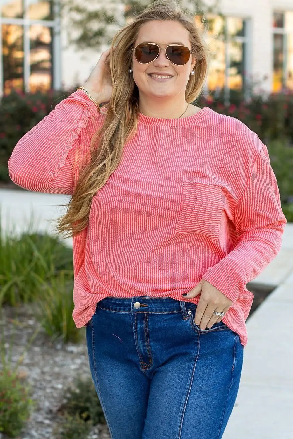 T-Shirts Love Salve Peach Blossom Ribbed Tee Plus Size Women's Versatile Top - Chic & Fashionable