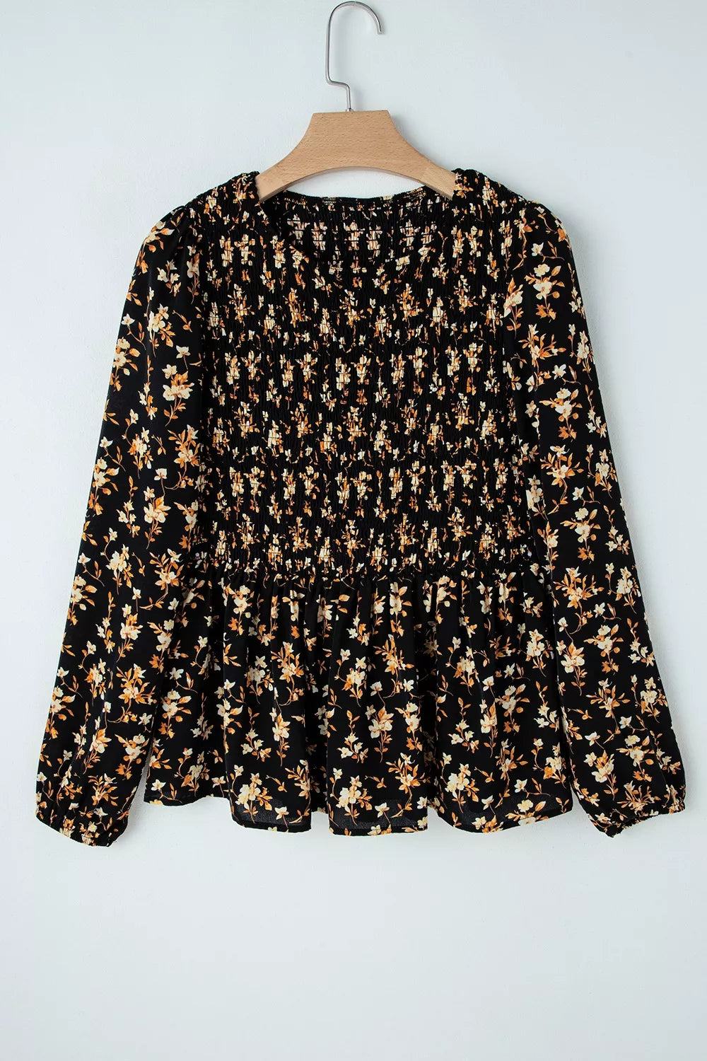 Women's Floral Print Smocked Waist Long Sleeve Blouse