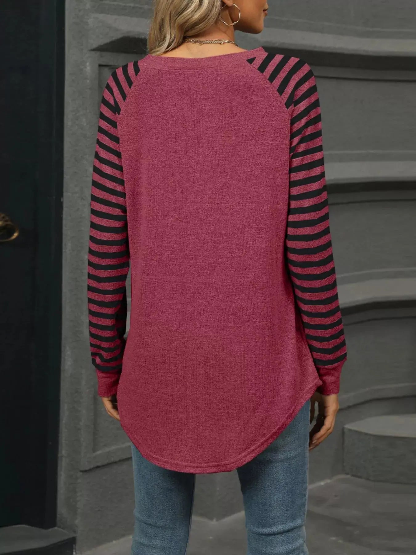 Striped Round Neck Raglan Sleeve T Shirt