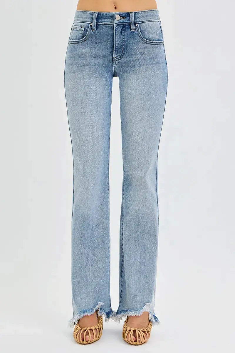 RISEN Jeans - Plus Size Tummy Control Mid Rise Flare Jeans with Fray Hem