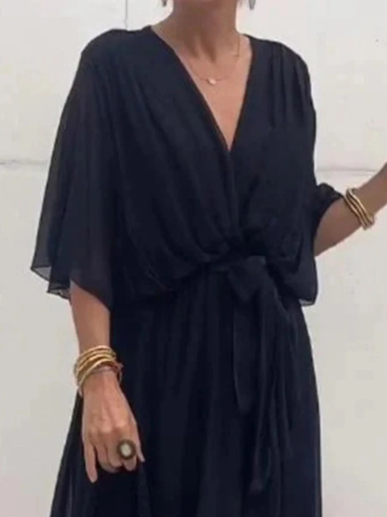 Flowy Tie Front Midi Dress with Flutter Sleeves