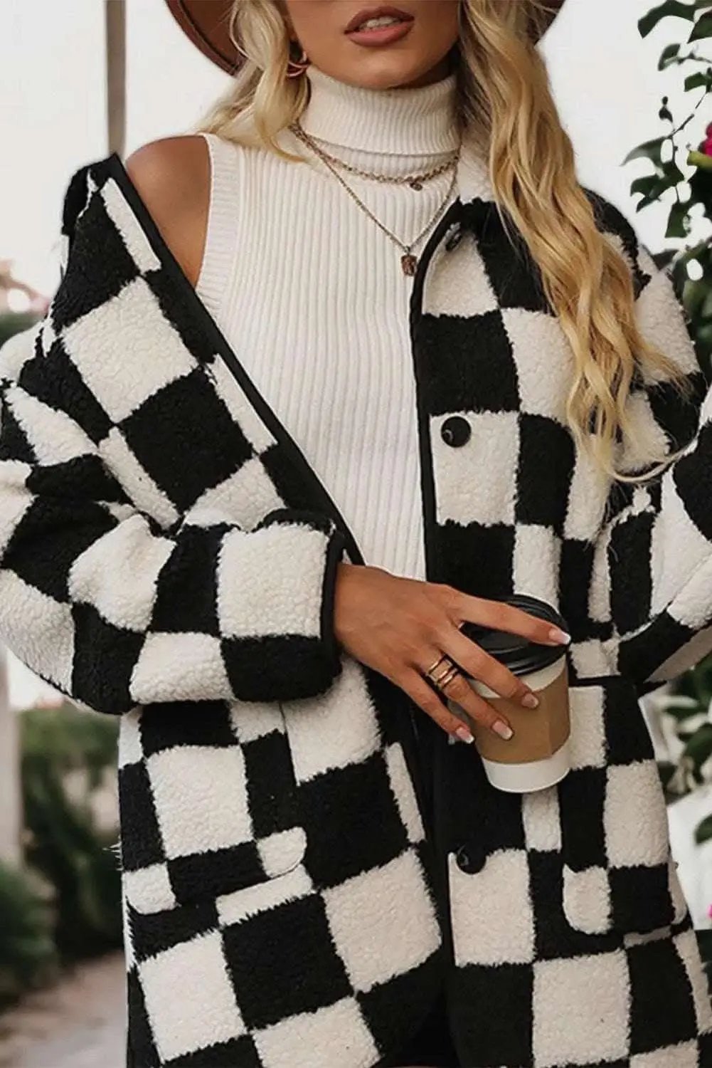 Love Salve Women's Fleece Jacket Black Checkered — Warm Casual Outerwear