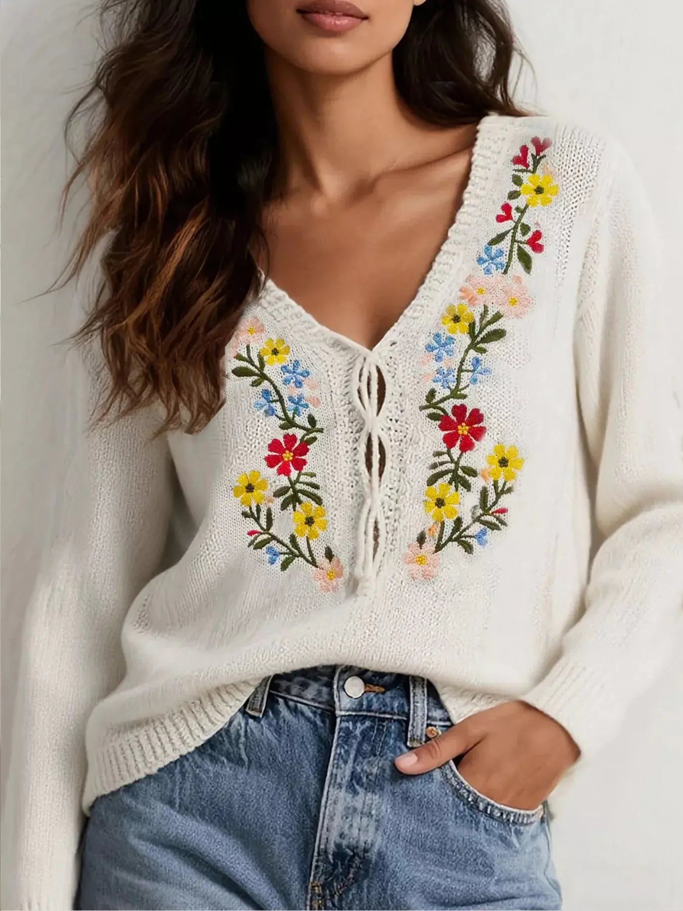 Floral Embroidered V Neck Sweater