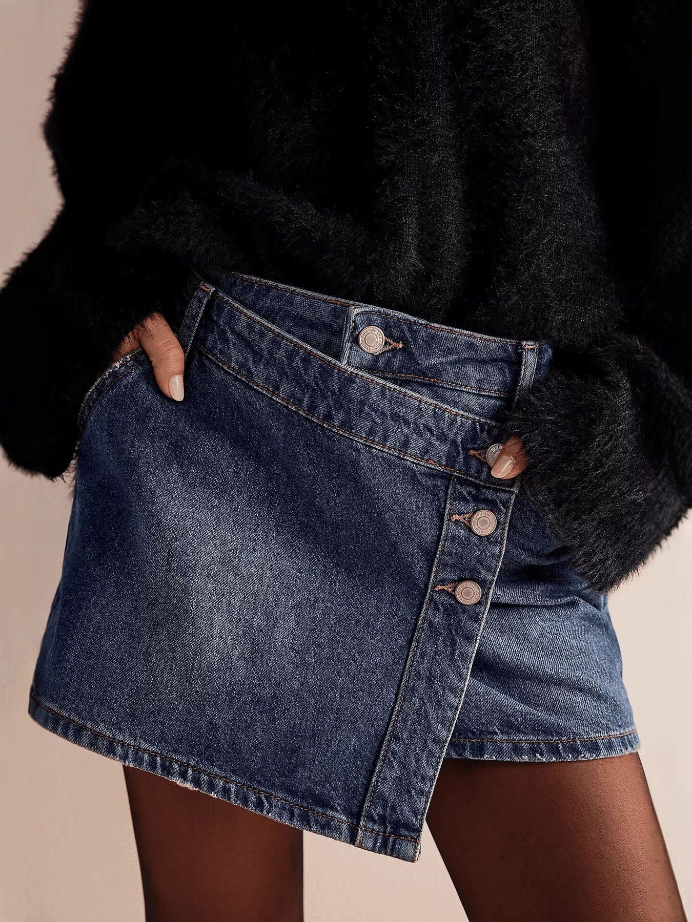 Asymmetrical Button Front Denim Skort