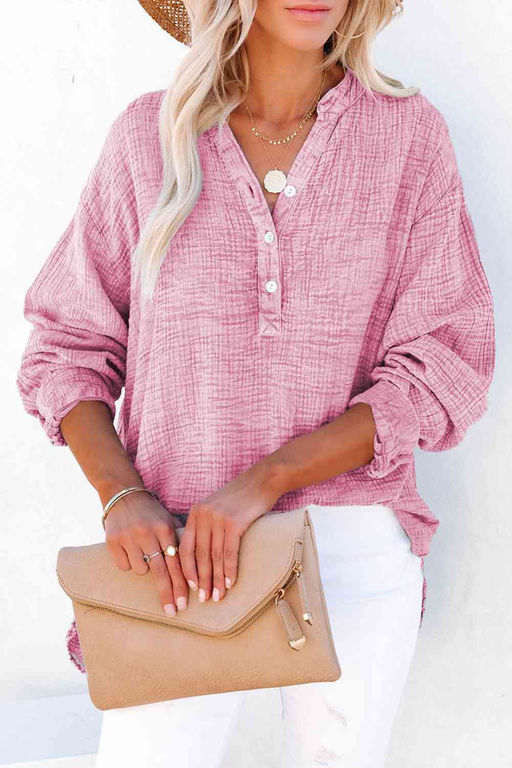 Women's Textured Cotton Buttoned Long Sleeve Blouse