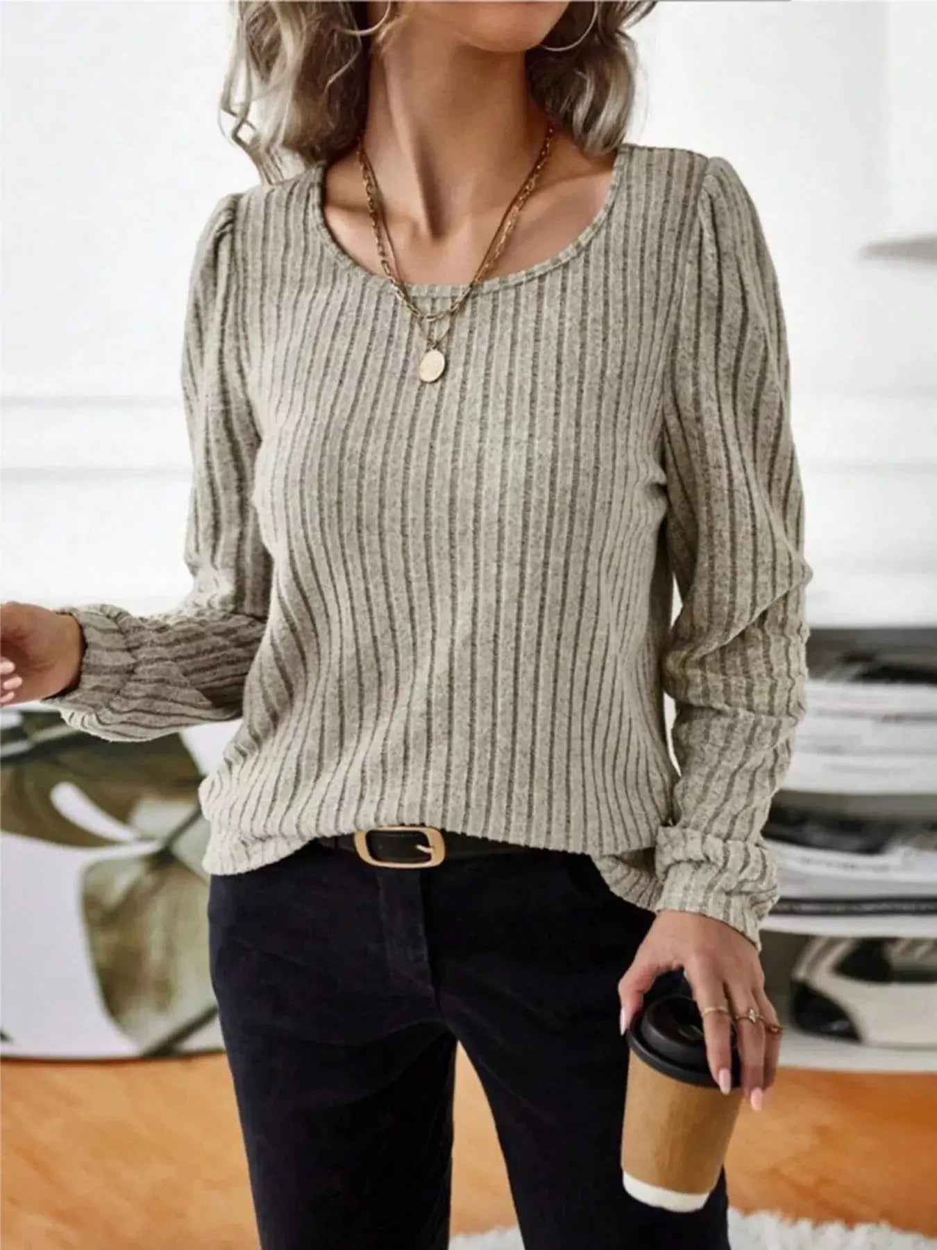 Ribbed Knit Long Sleeve T Shirt