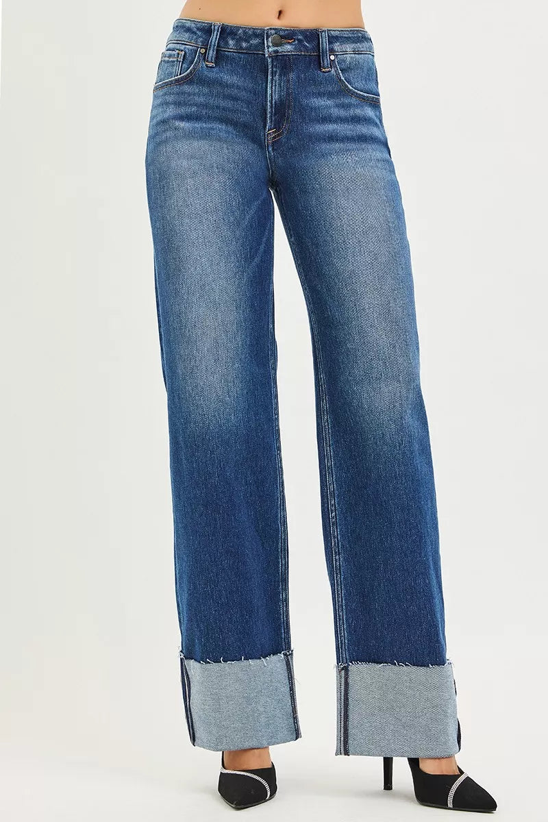 RISEN Jeans - Mid Rise Wide Straight Jeans With Wide Cuff