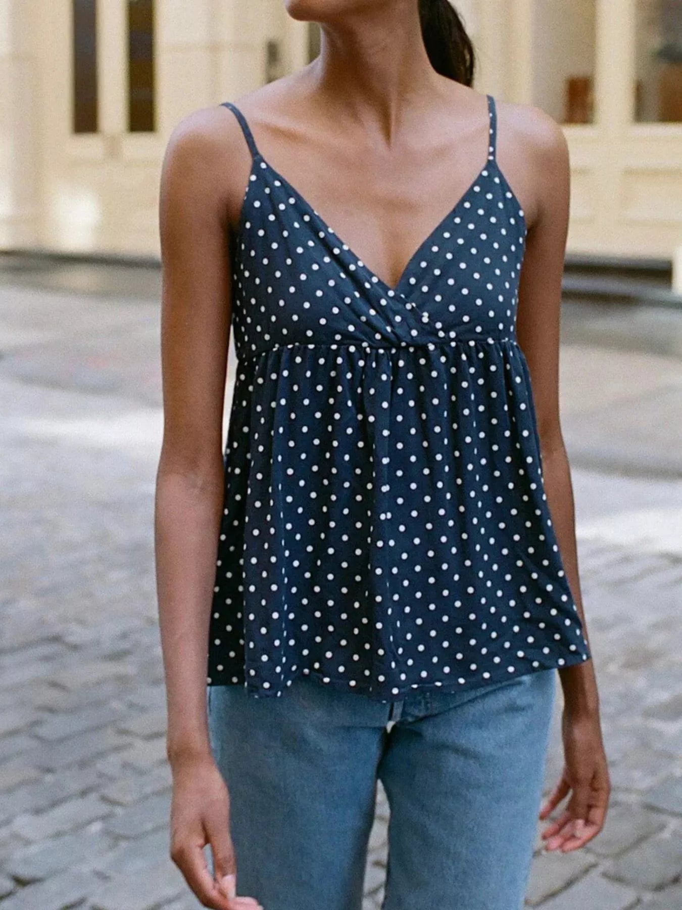 Polka Dot Flowy V Neck Cami Top