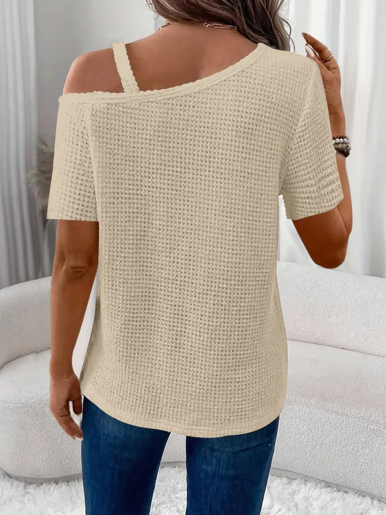 Chain Detail Waffle Knit One Shoulder T Shirt