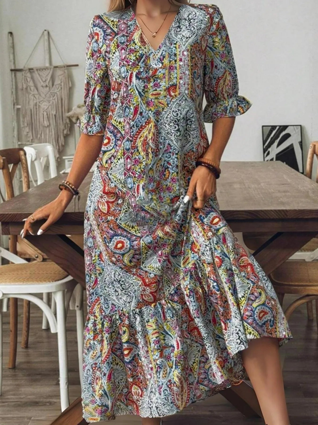 Bohemian Paisley Print V-Neck Midi Dress