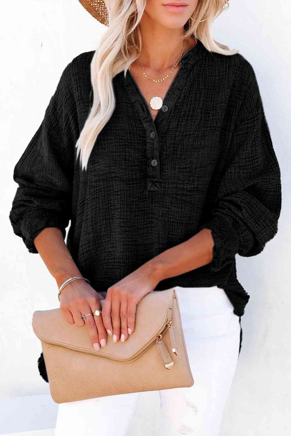 Women's Textured Cotton Buttoned Long Sleeve Blouse