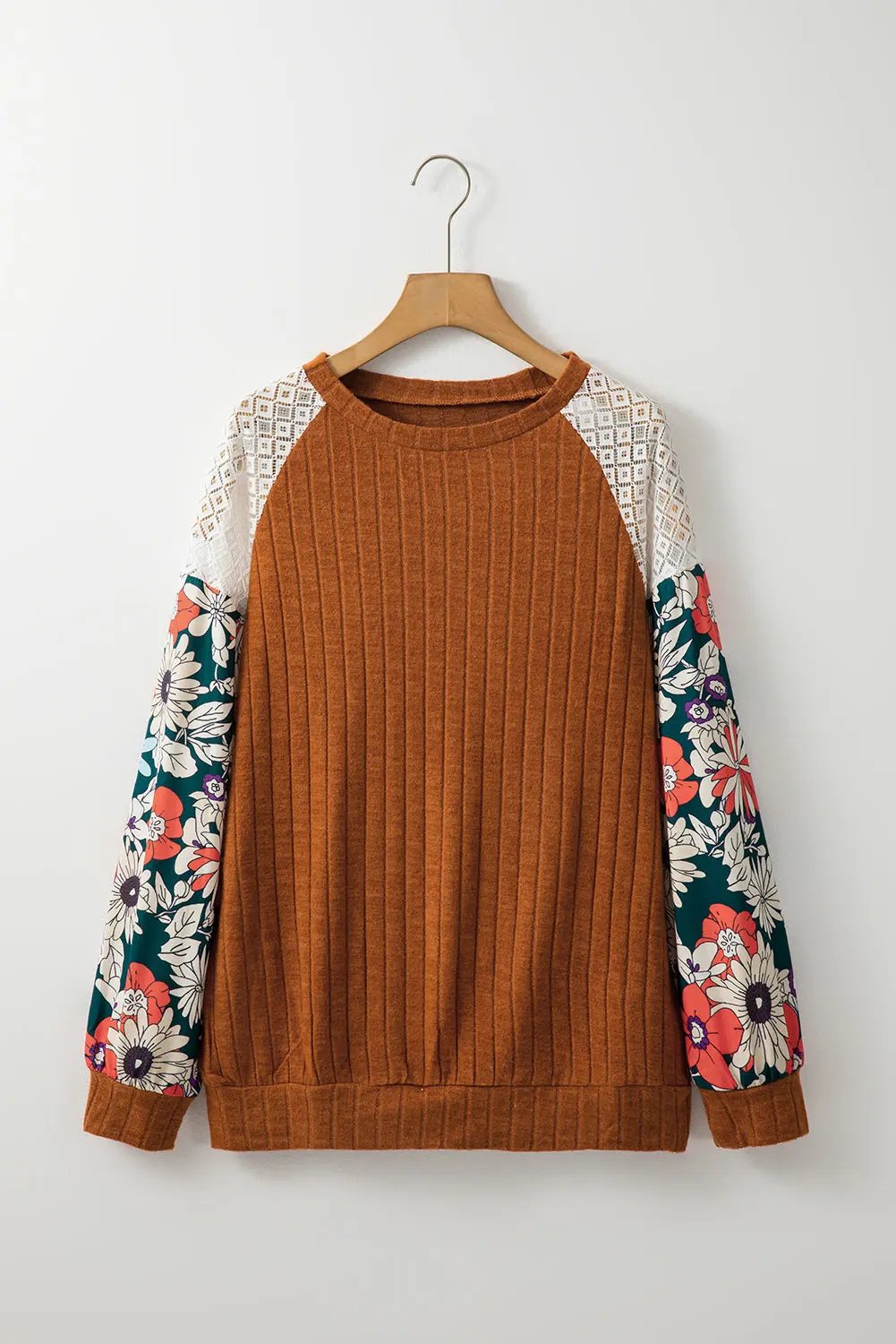 Women's Blouse Blouse - Patchwork Ribbed Long Sleeve Floral Top
