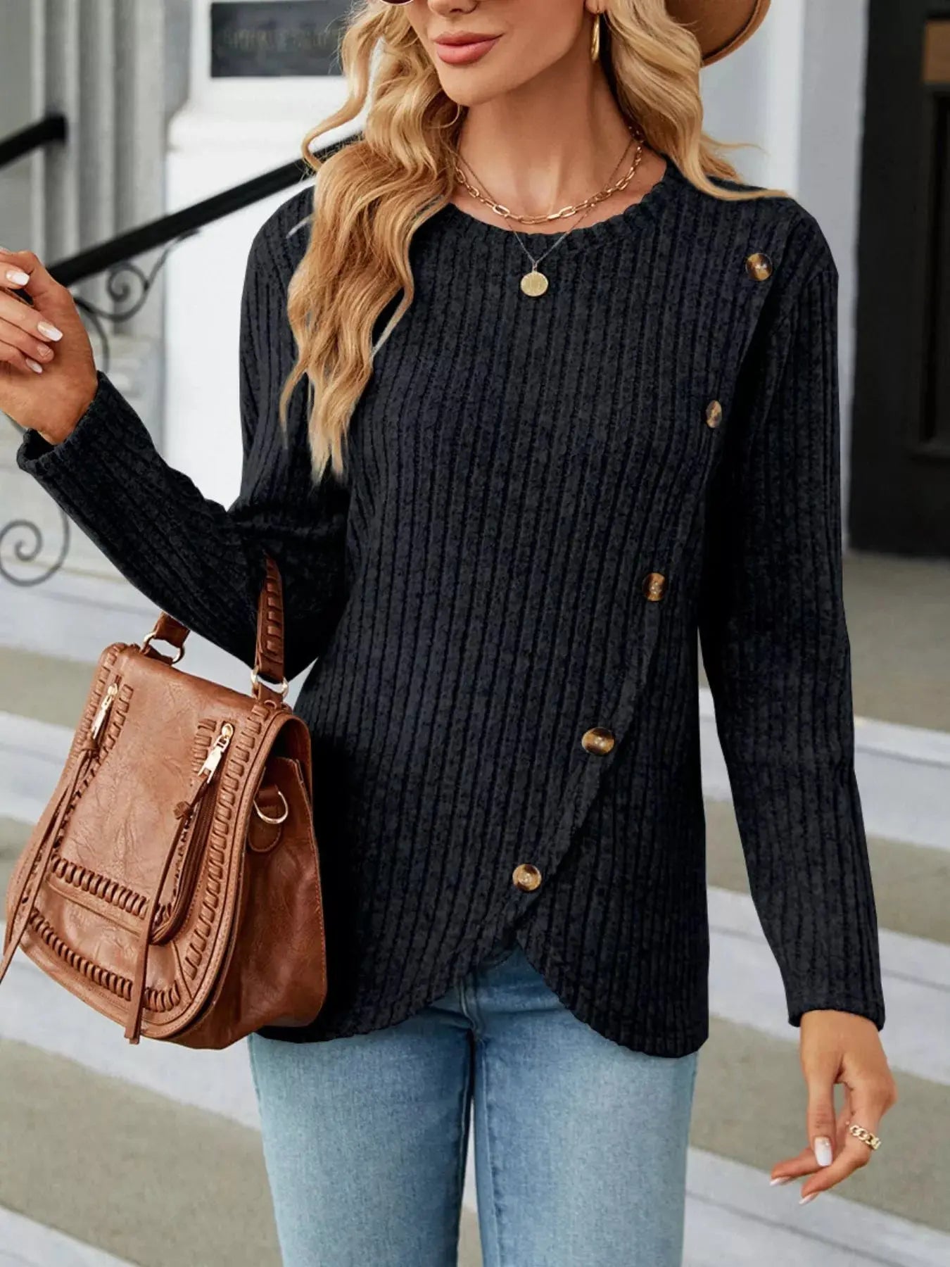 Decorative Button Ribbed Knit T Shirt