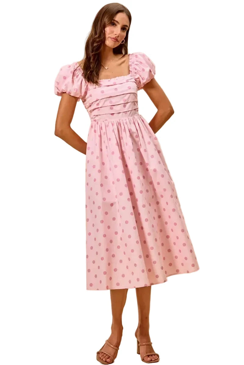 Polka Cotton Print Short Sleeves Pink Midi Dress