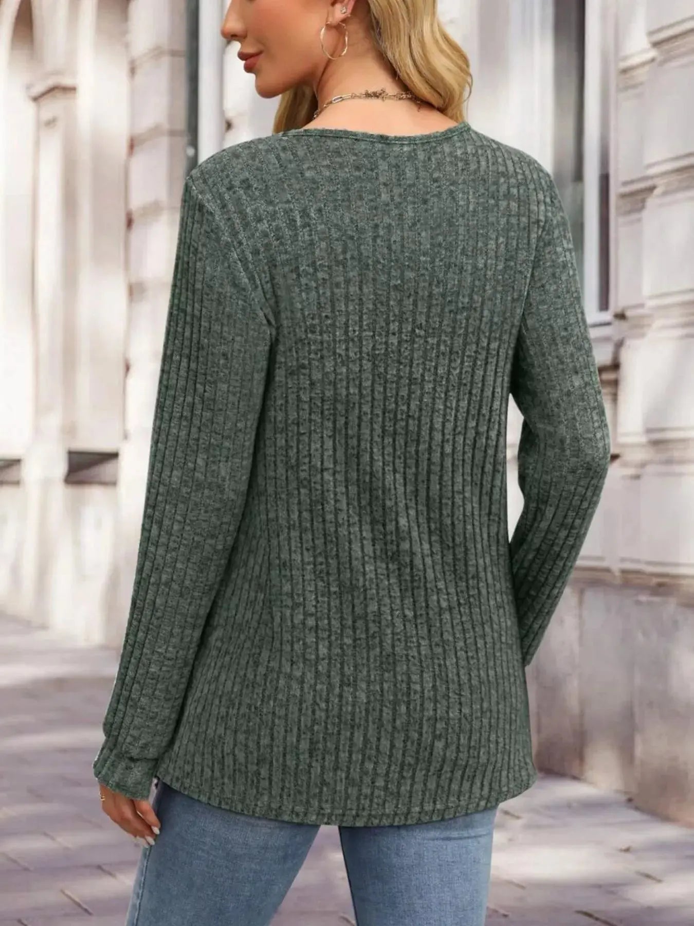 Ribbed Knit Button Front Long Sleeve T Shirt