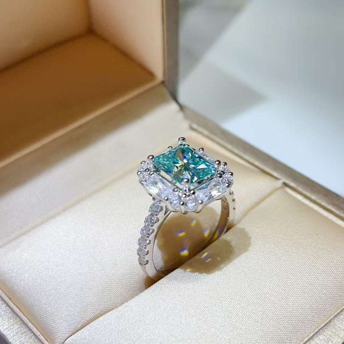 Blue 3 Carat Moissanite Ring 925 Sterling Silver