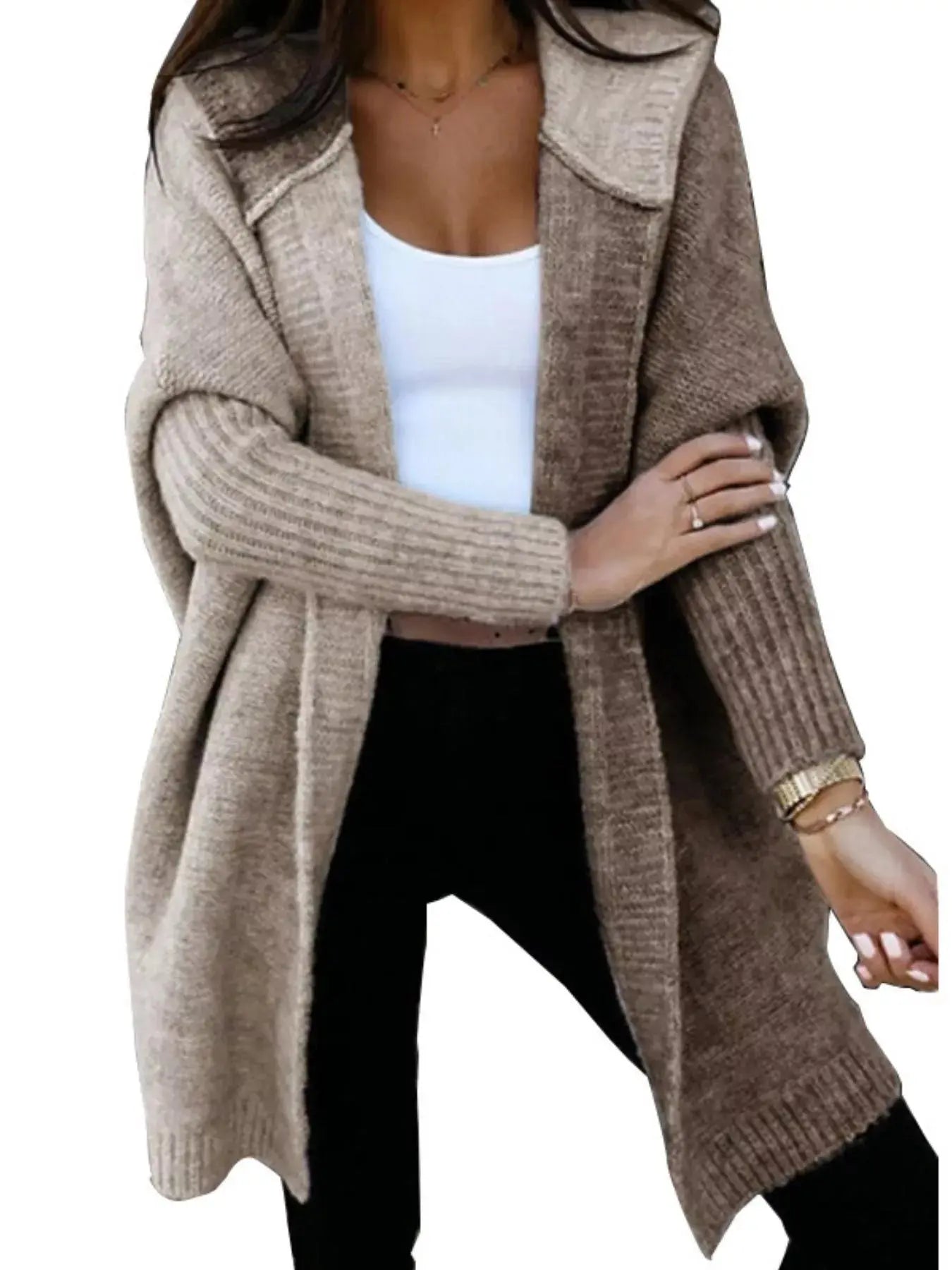 Two-Tone Hooded Open Front Knit Cardigan