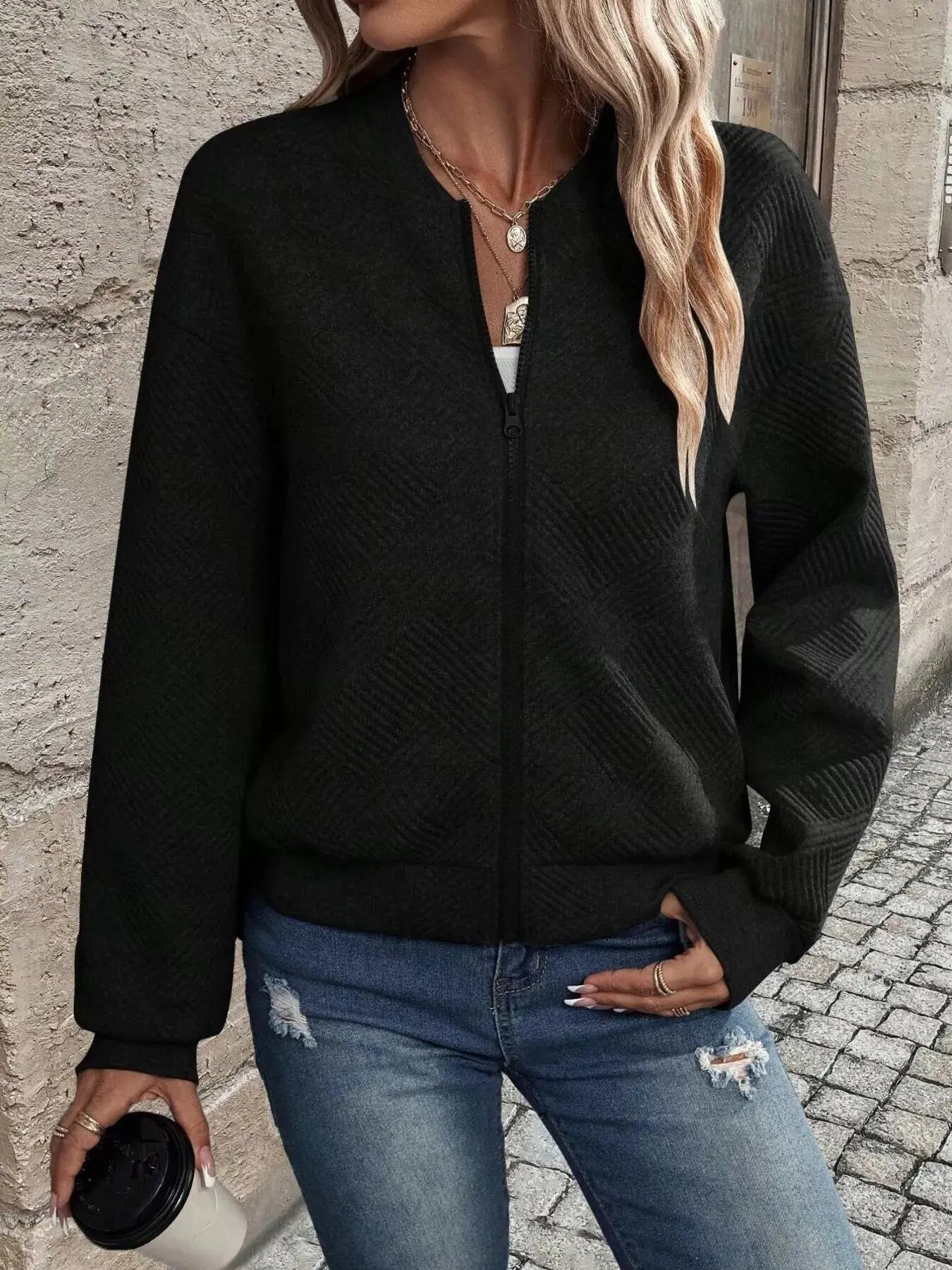 Texture Zip Up Bomber Jacket