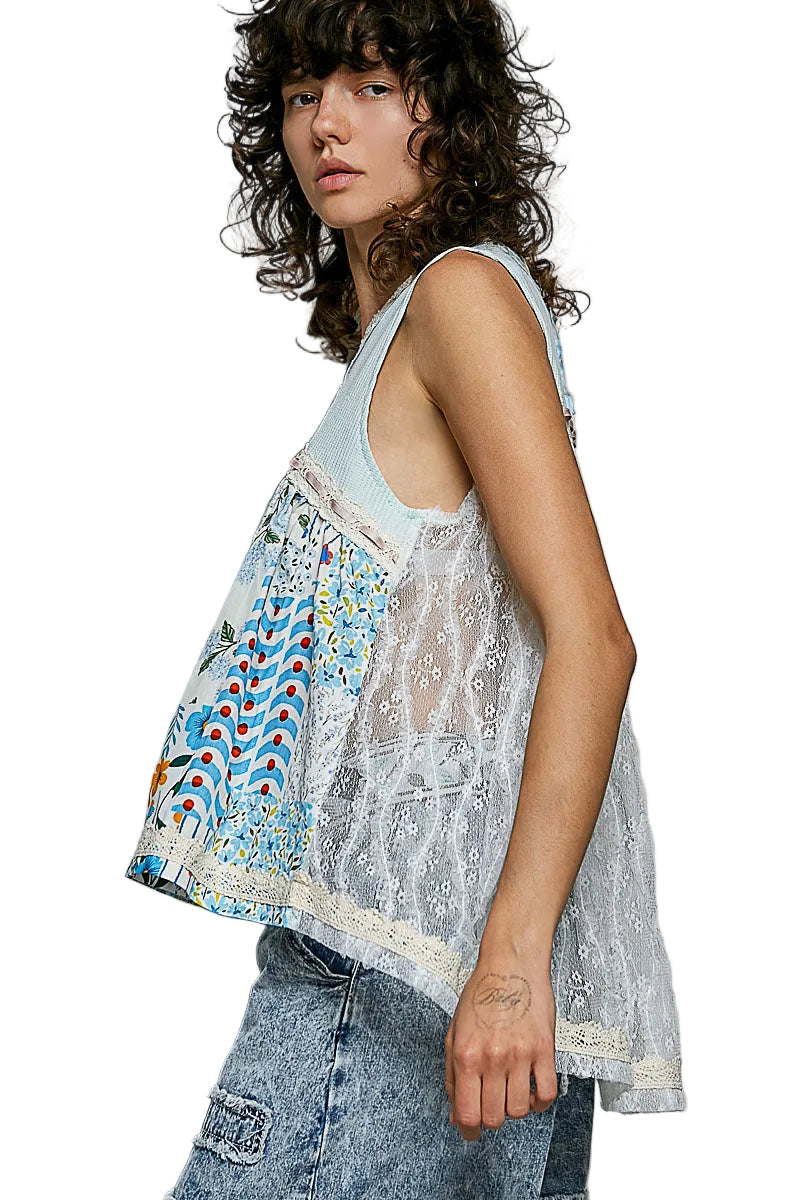 POL Light Blue Floral V-Neck Sheer Tank with Lace Trim