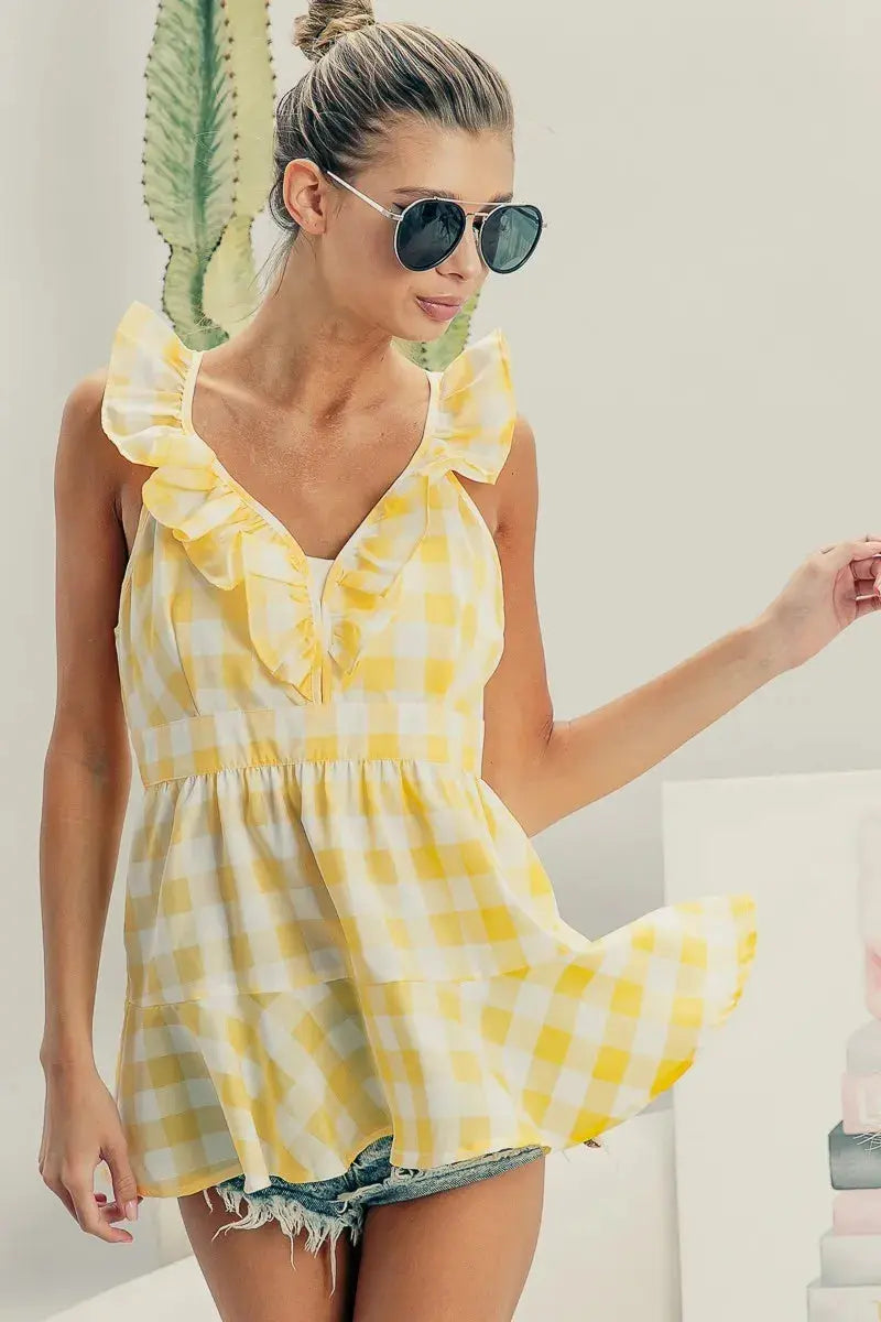Women's Sleeveless Peplum Top Plaid Peplum Top - Ruffled Sleeveless Tank - Cute Women's Style