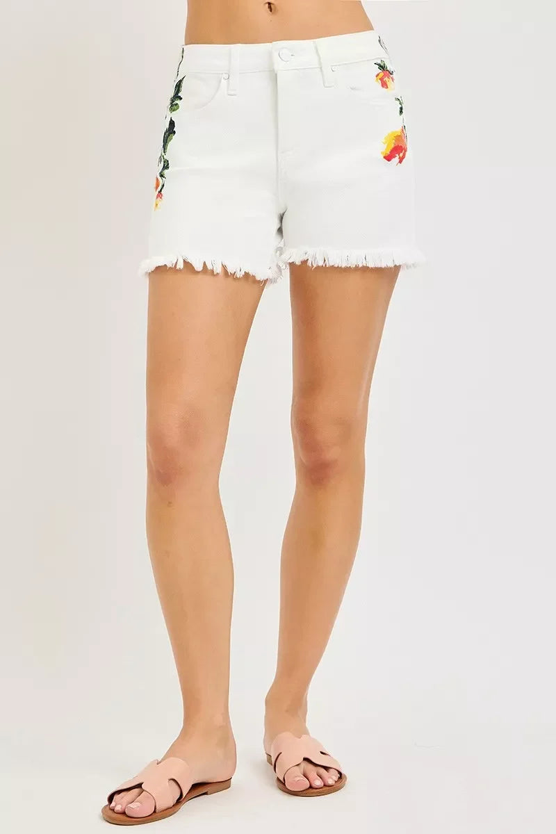 RISEN Tummy Control White High Rise Flower Printed Shorts