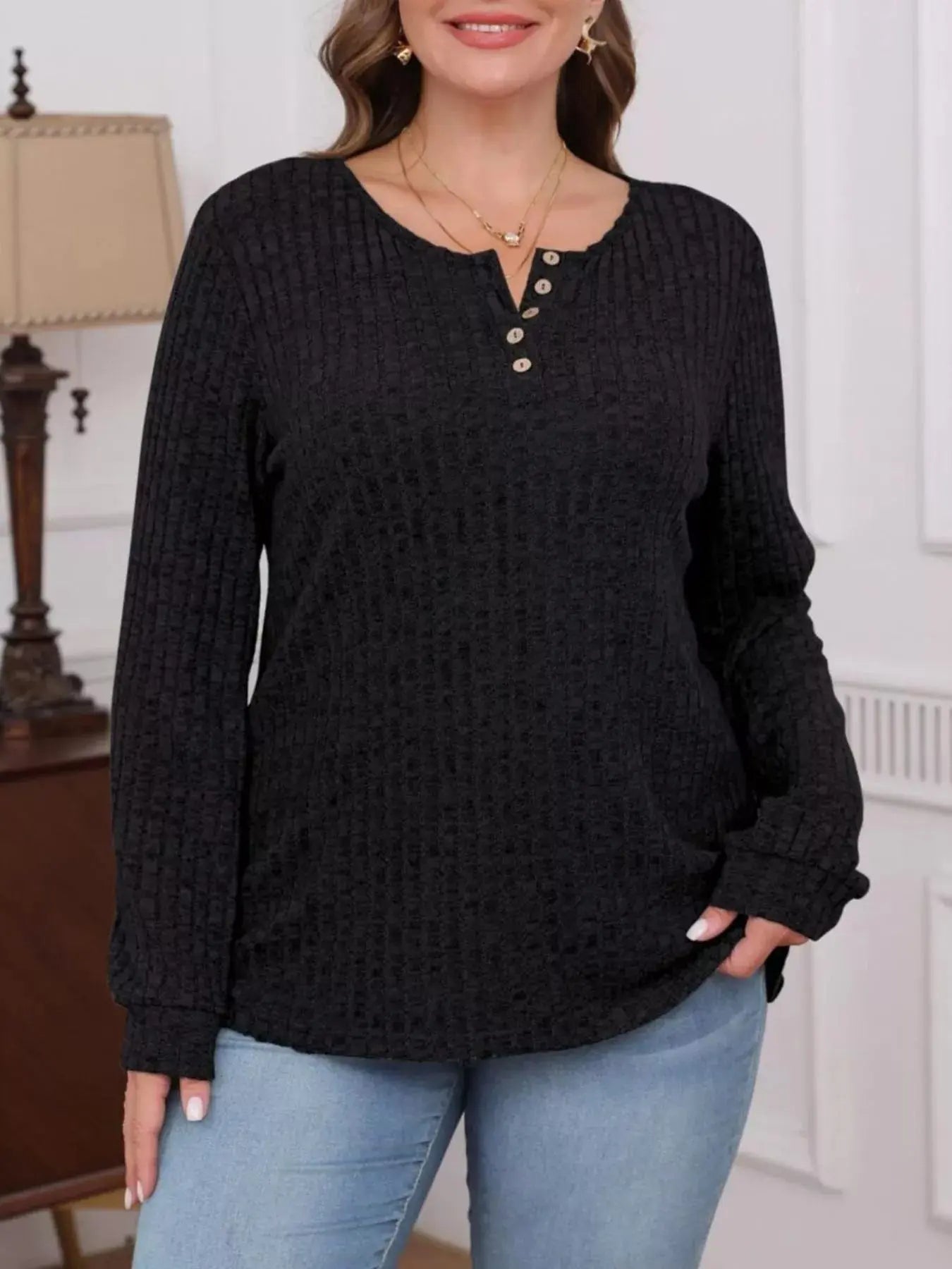 Ribbed Knit Button Front Long Sleeve T Shirt