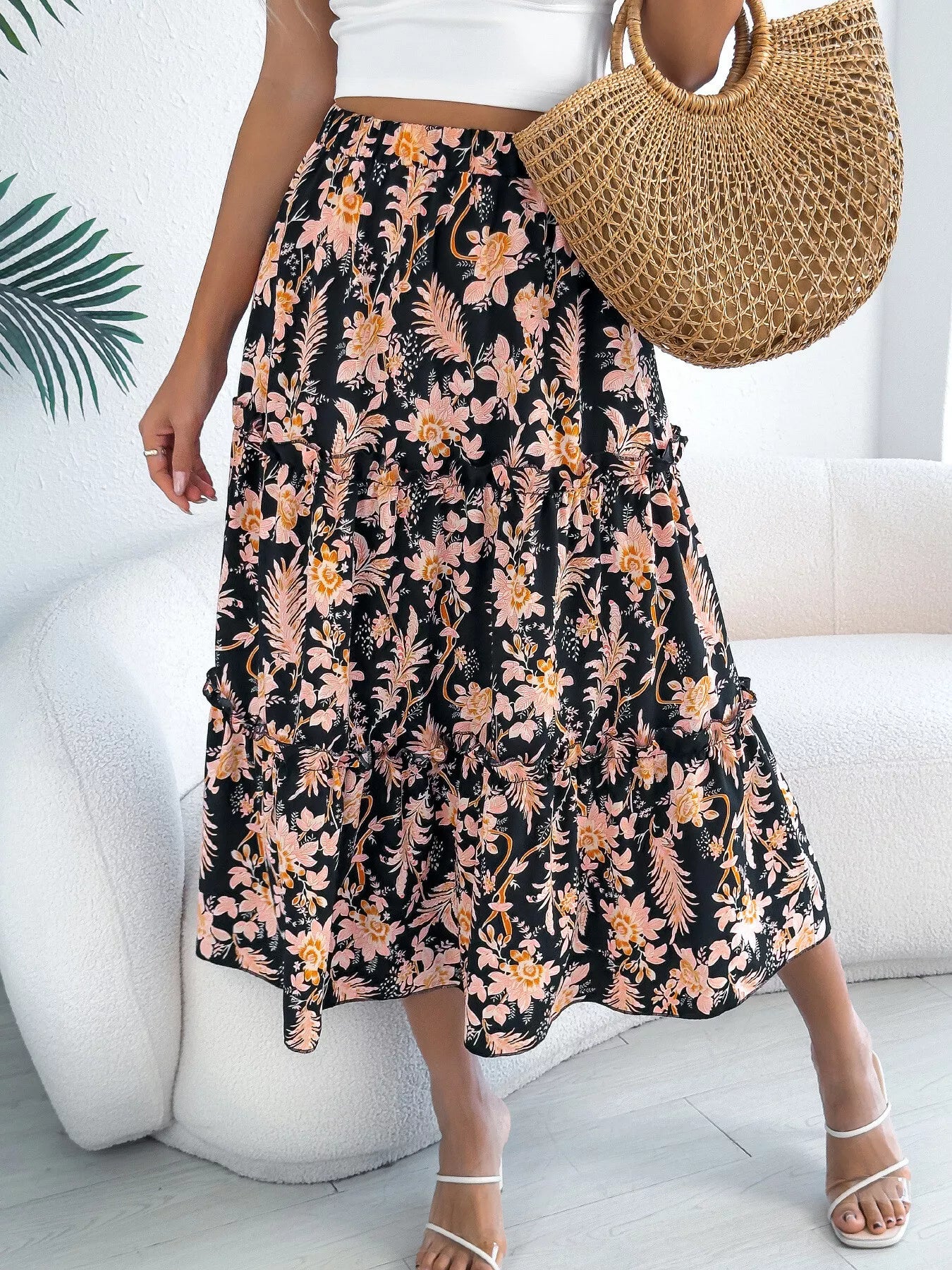 Floral Print Ruffle Hem Flowy Midi Skirt