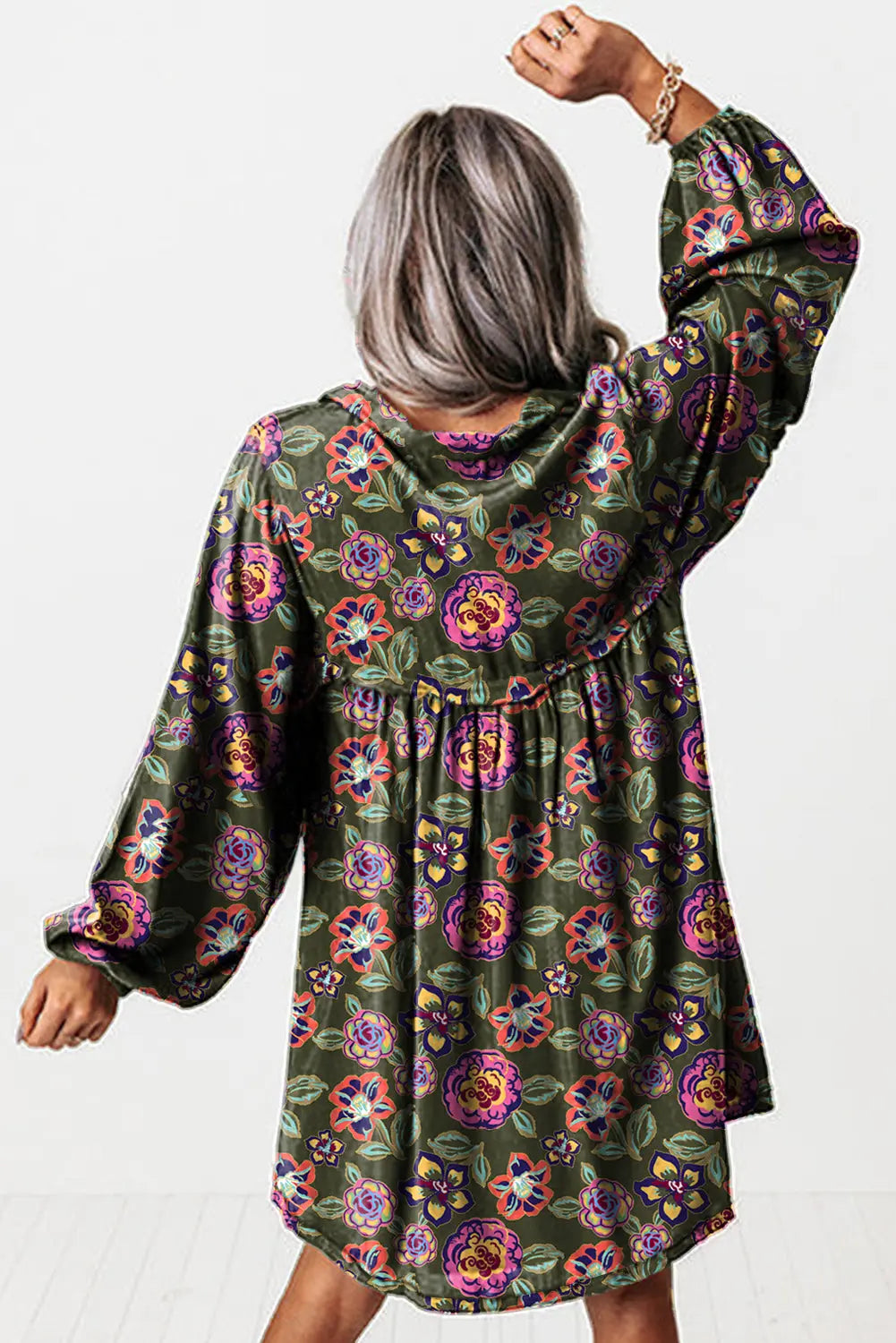 Floral Print Split Neck Bubble Sleeve Mini Dress