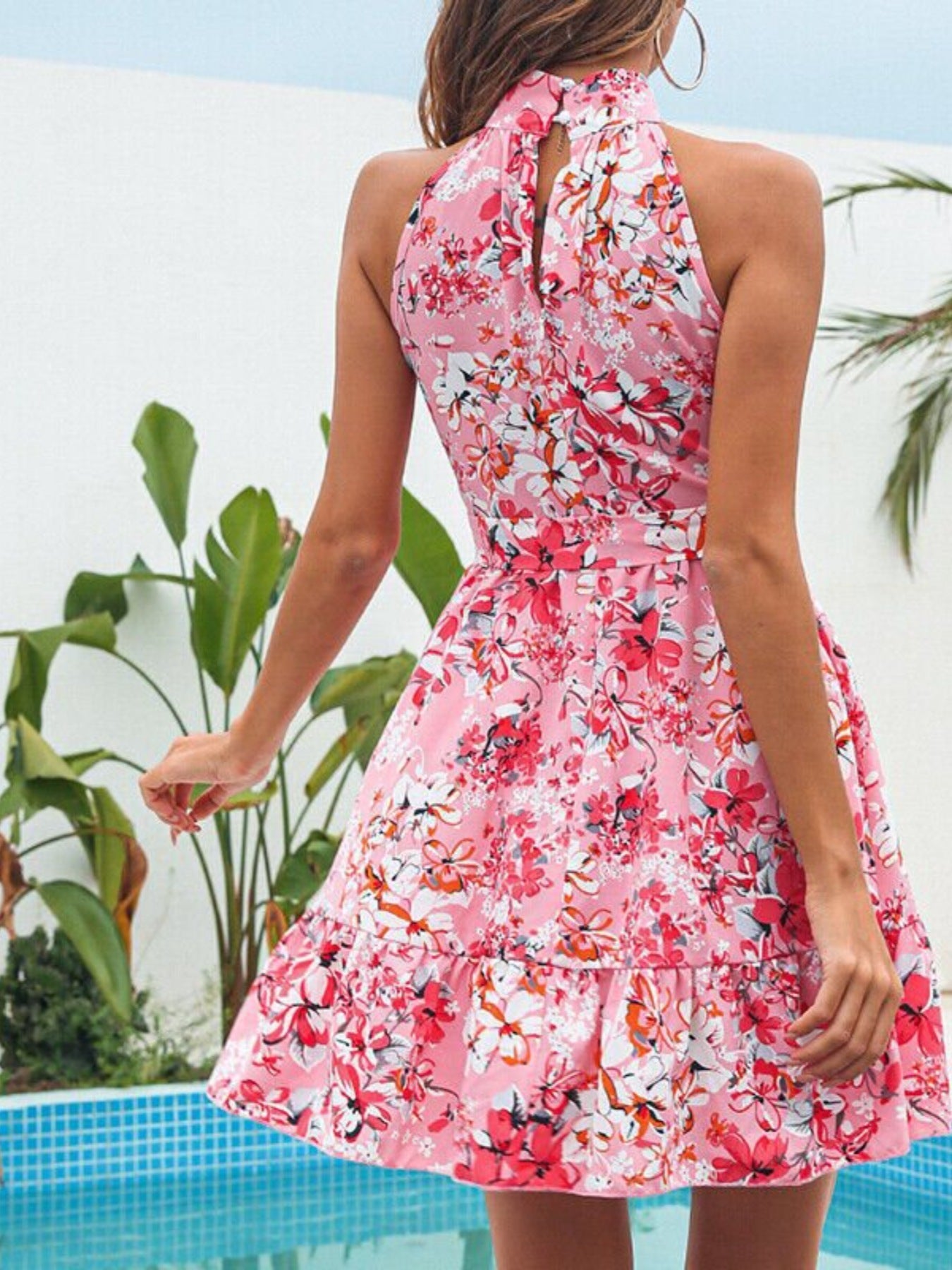 Floral Tie Waist Halter Neck Ruffle Mini Dress
